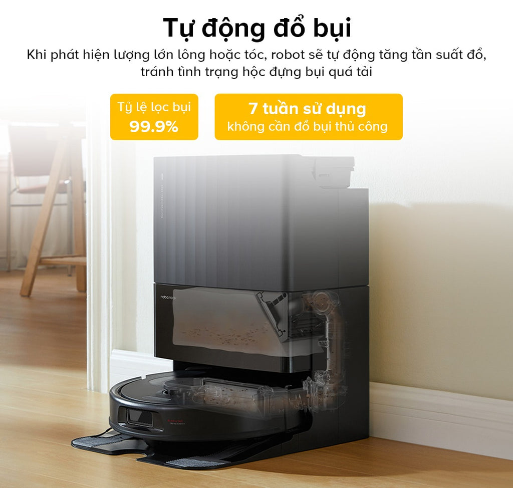 Trạm sạc của Roborock QR 798 có thể tự động gom bụi vào túi