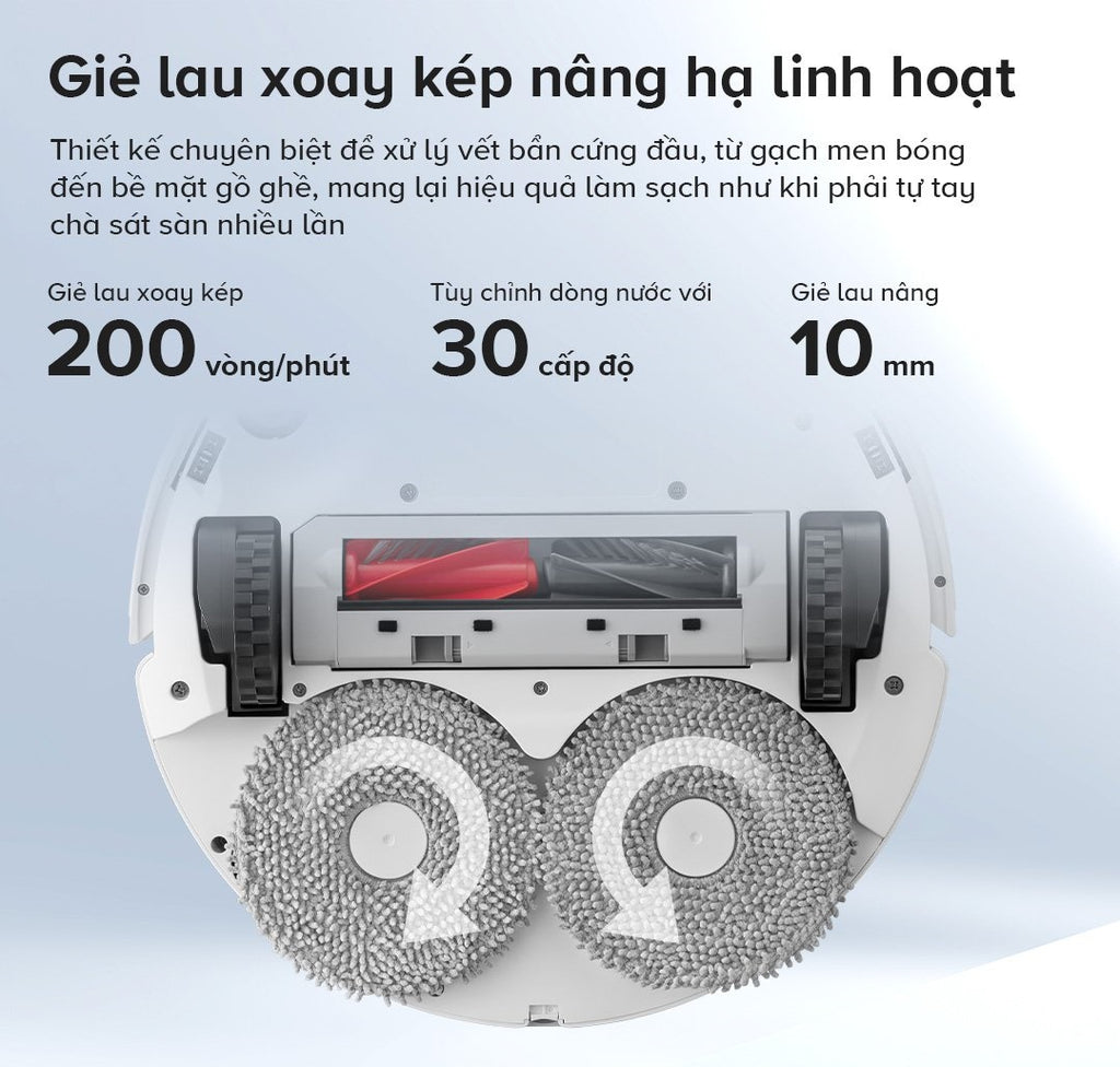 Qrevo C Pro được trang bị giẻ lau xoay kép tốc độ 200 vòng/ phút