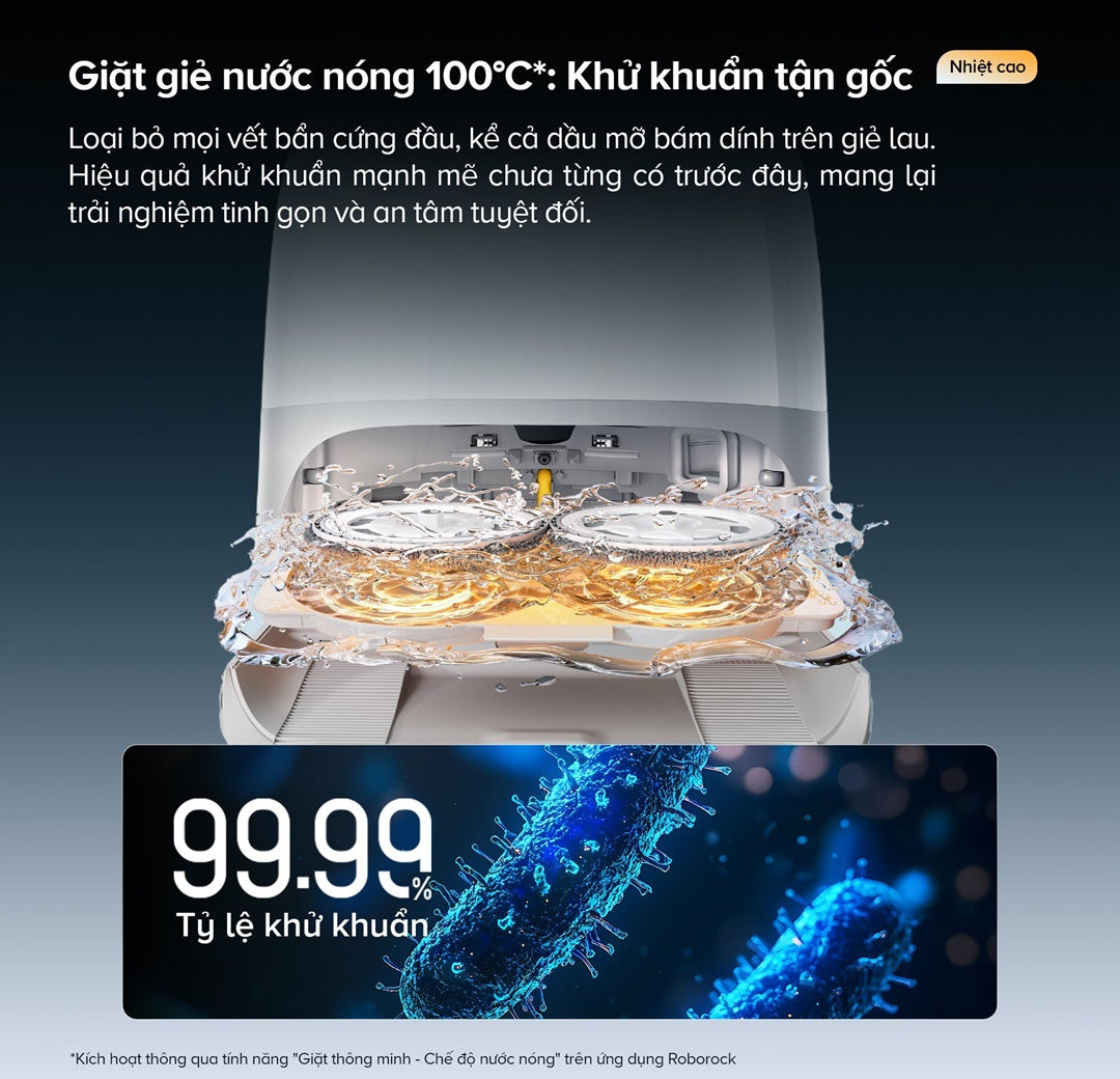 Robot giặt giẻ ở 100°C để tiệt trùng gần như toàn bộ vi khuẩn, vi sinh vật gây hại