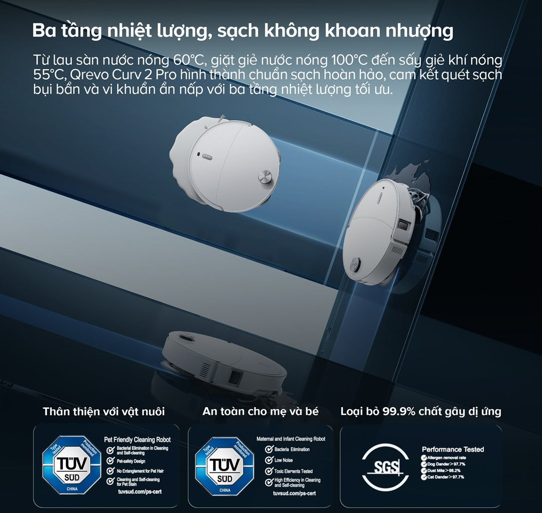 Qrevo Curv 2 Pro lau sàn bằng nước nóng 60°C, giặt giẻ 100°C và sấy khô 55°C